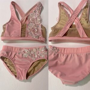 AA dance design custom solo costume pink rhinestone 2 piece set LC child